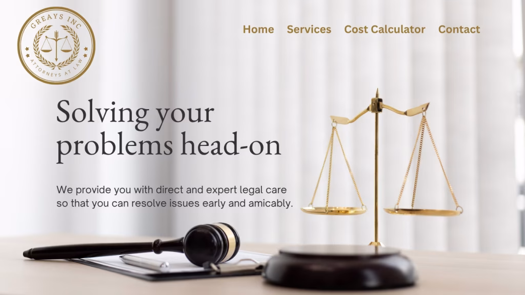 Professional law firm website design for Greays Inc Attorneys at Law featuring a gavel, sounding block, and scales of justice.